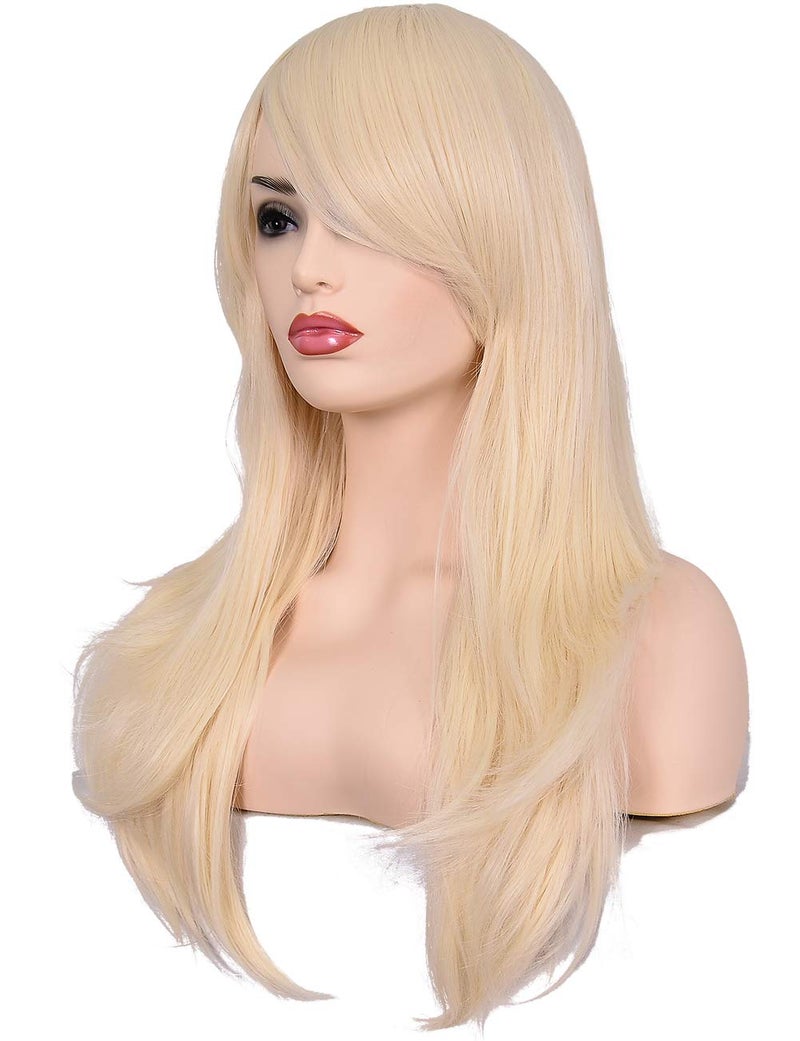 morvally 23 inches Long Curly Wig Big Wave Heat Resistant Synthetic Hair with Bangs for Cosplay Costume Halloween Party (613# Light Blonde) - Image 2